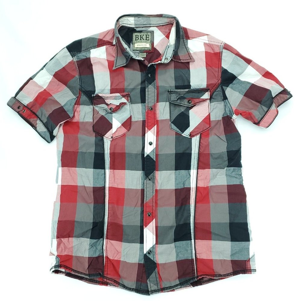 BKE Pearl Snap Button Shirt Men Large Black Red Athletic Fit Plaid Western